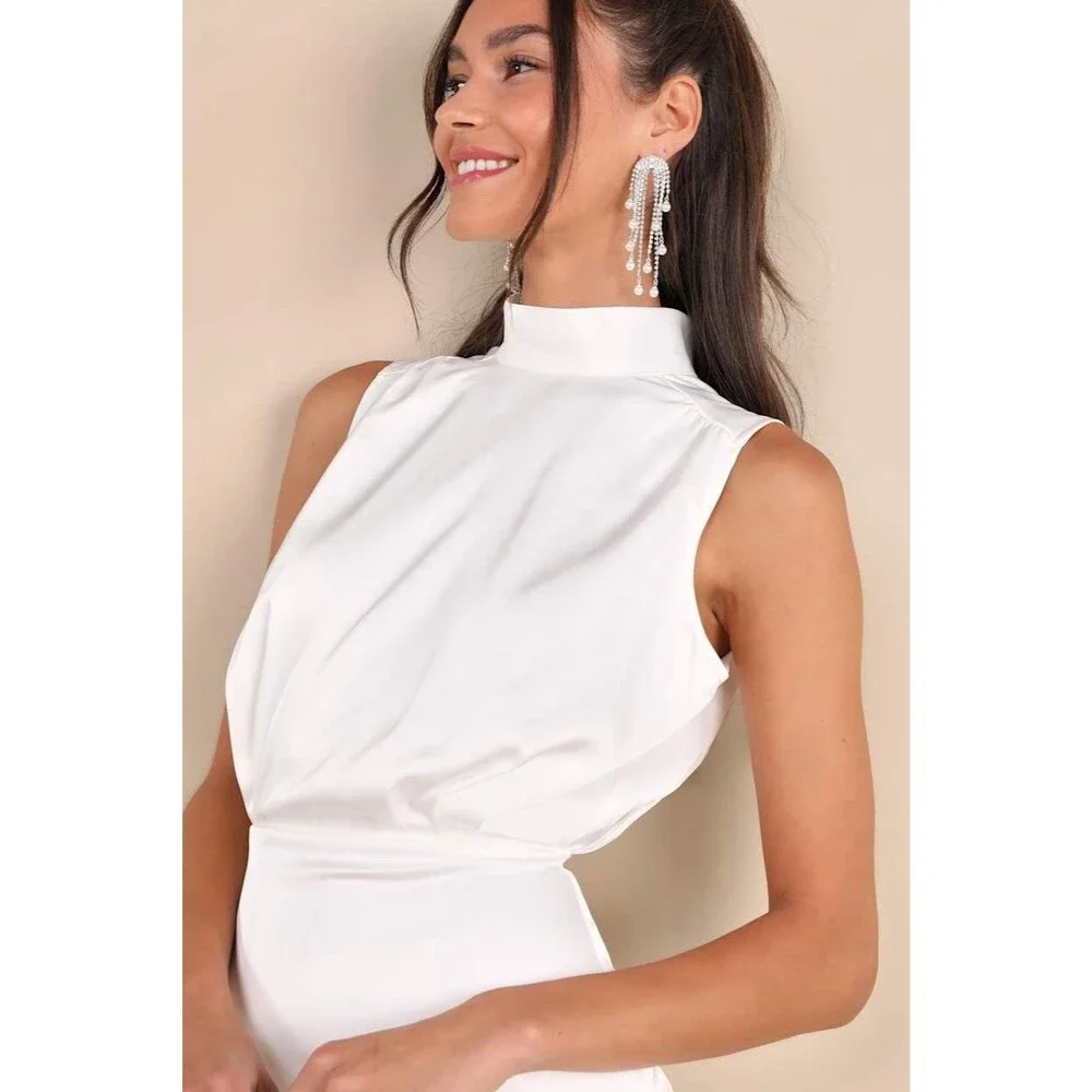 Lulus Classic Elegance Dress White Satin Mini Mock Neck Size L NWT